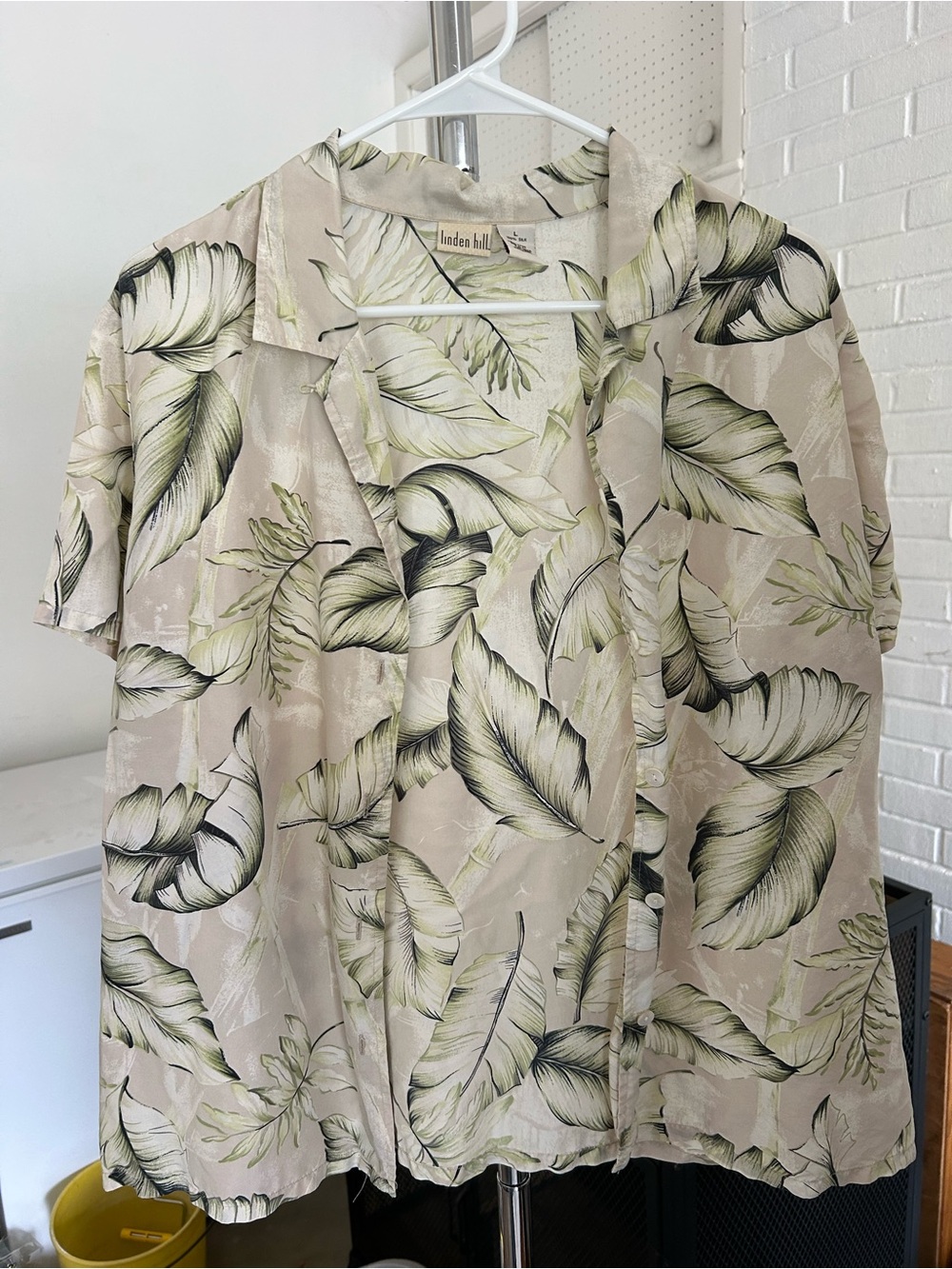 Vintage Linden Beige Short-Sleeve Button Down with Tropical Leaf Print